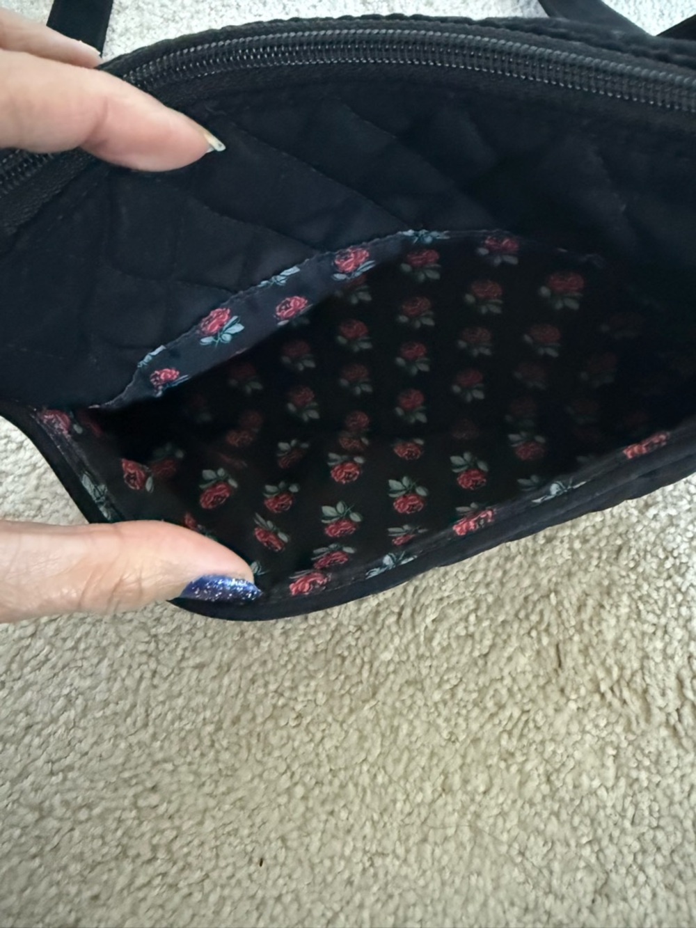Vera Bradley Black Quilted Crossbody Bag w/ Floral Interior - Picture 5 of 12
